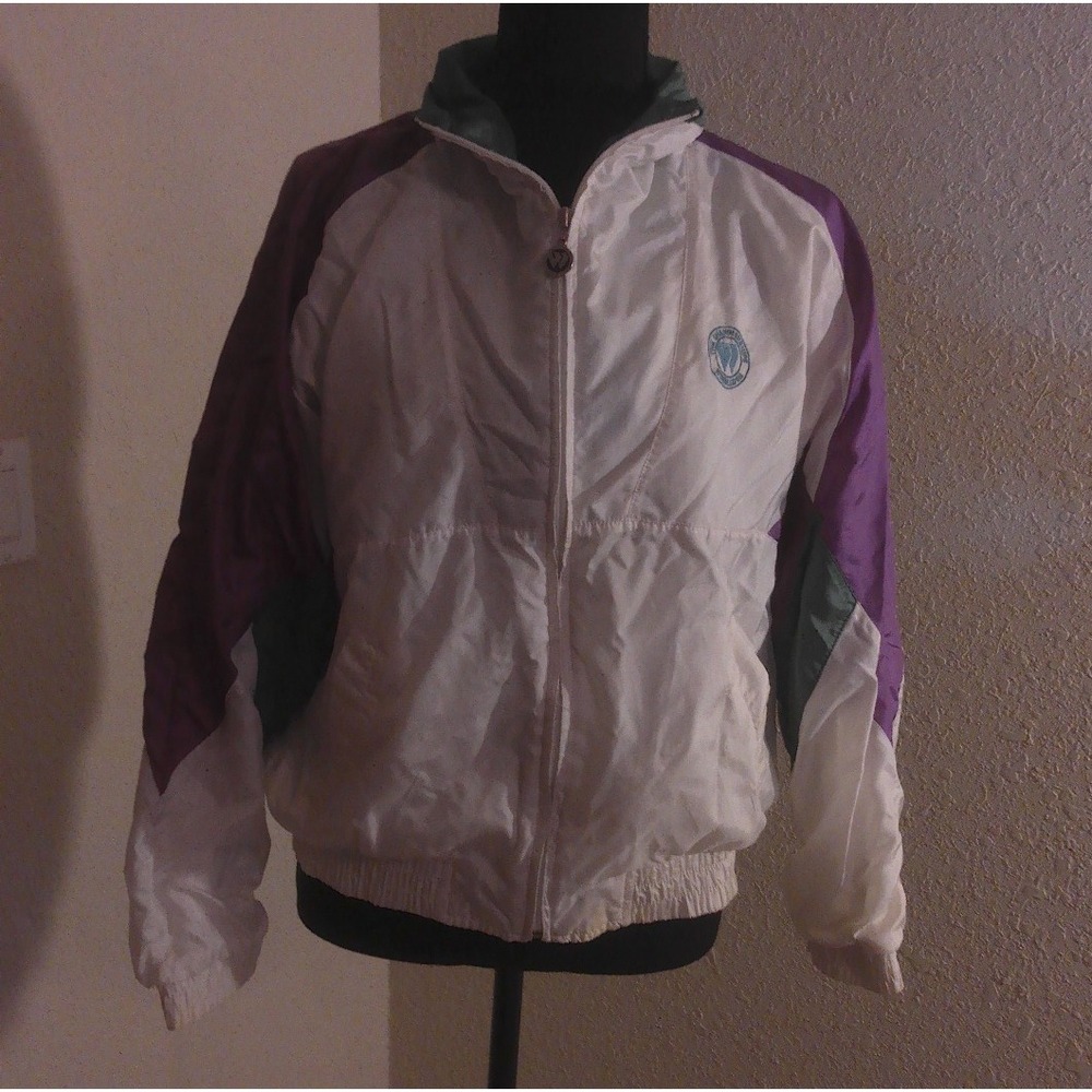 VINTAGE WIMBLEDON TWO PIECE WOMENS JOGGING SUIT SIZE MED WHITE W/PURPLE & GREEN